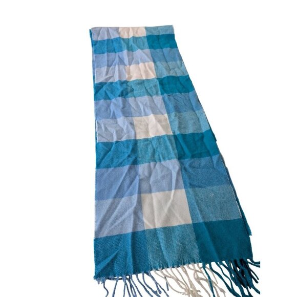 Scottish 100% Cashmere Check Scarf Womens Blue Fringe Rectangle 65 Inches - Picture 4 of 6